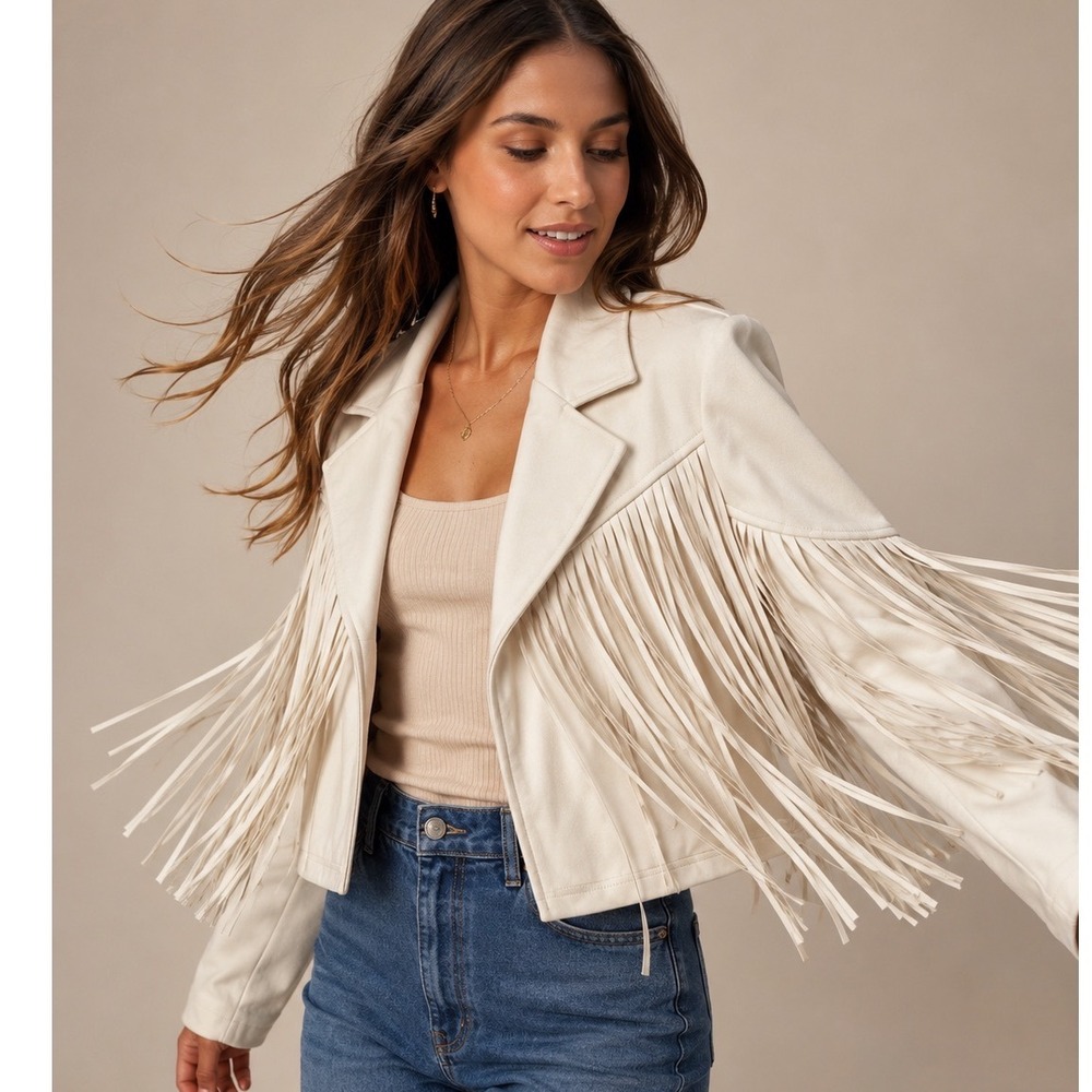 Fringe Faux Suede Cropped Jacket Sz M Western Boho Festival Rodeo Hippie